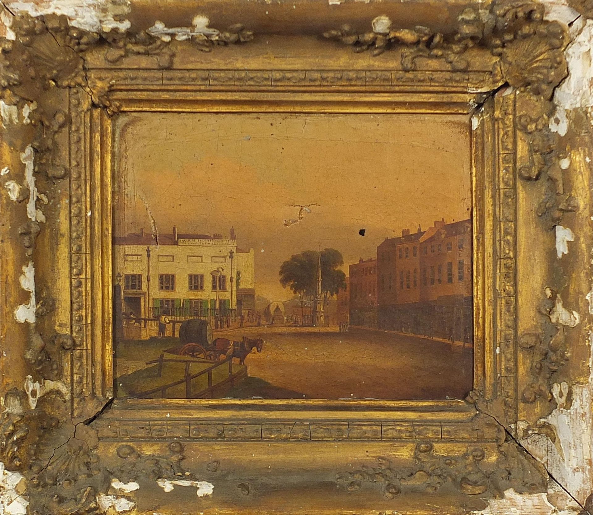 Town scene with figures and horse drawn cart, 19th century American school oil on canvas, mounted - Image 2 of 4