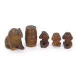 Antique and later treen including a carved Black Forest bear and three wise monkeys, the largest 4cm