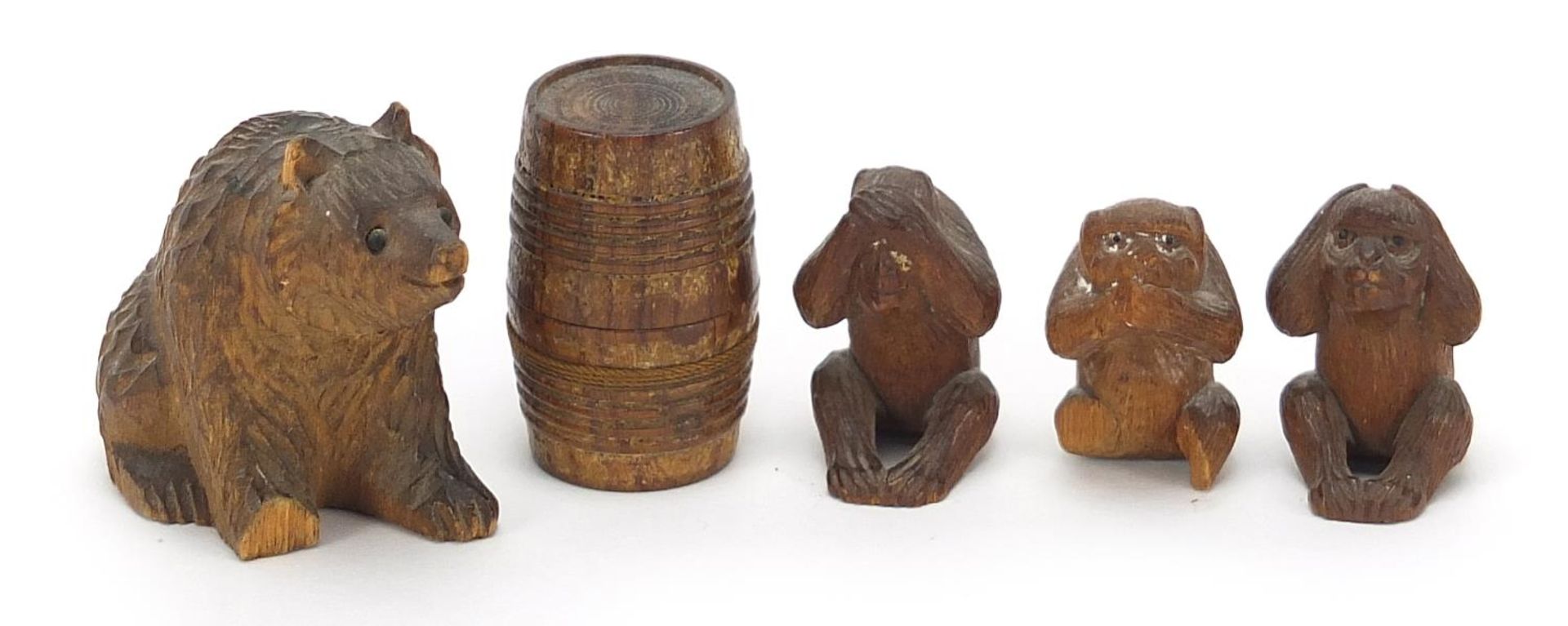 Antique and later treen including a carved Black Forest bear and three wise monkeys, the largest 4cm