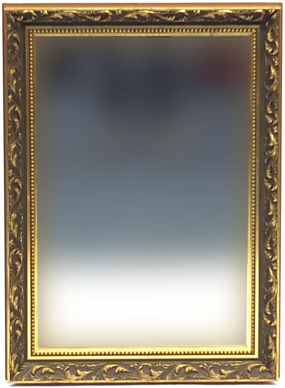 Ornate gilt framed wall hanging mirror with bevelled glass, 90cm x 65cm