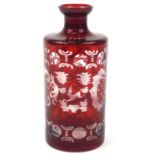 Bohemian ruby flashed glass bottle vase etched with wild animals and flowers, 22cm high