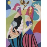 After Leopold Survage - The two sisters, surreal French school gouache on paper, mounted, framed and