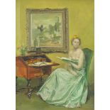 Seated female beside a bureau in an interior, oil on canvas laid onto board, mounted and framed,