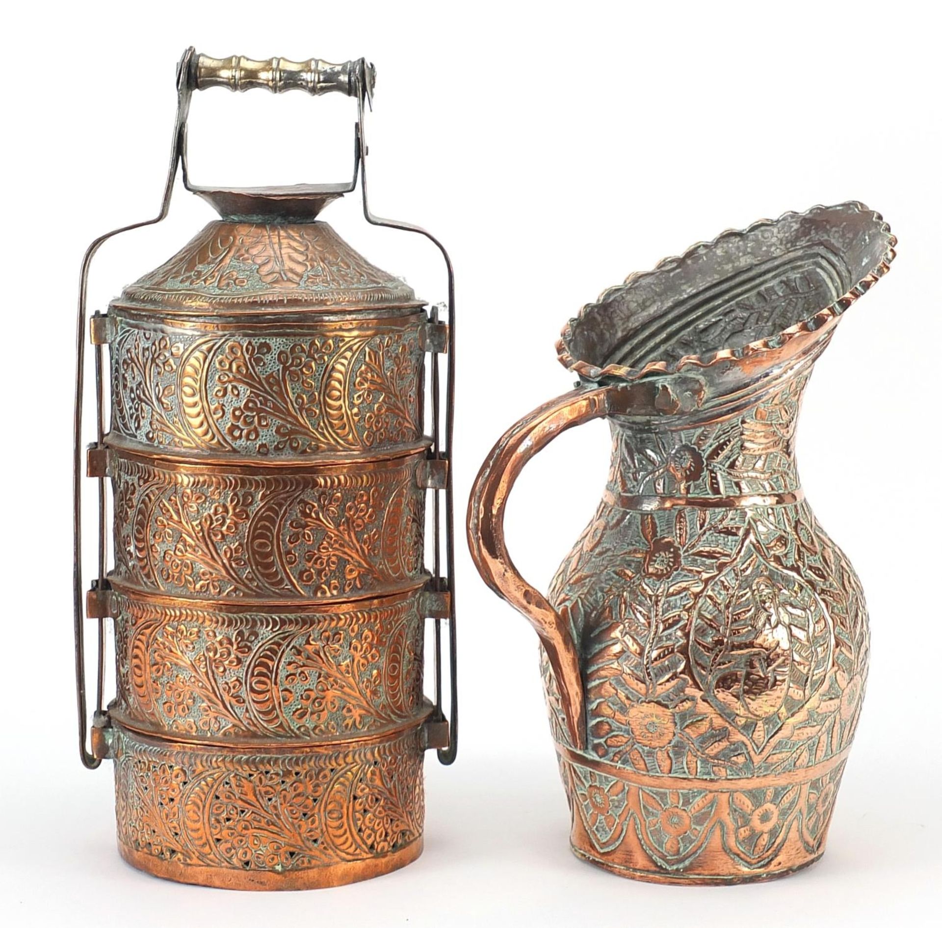 Indian copper sectional container and a large jug, embossed with figures and flowers, the largest - Image 2 of 3
