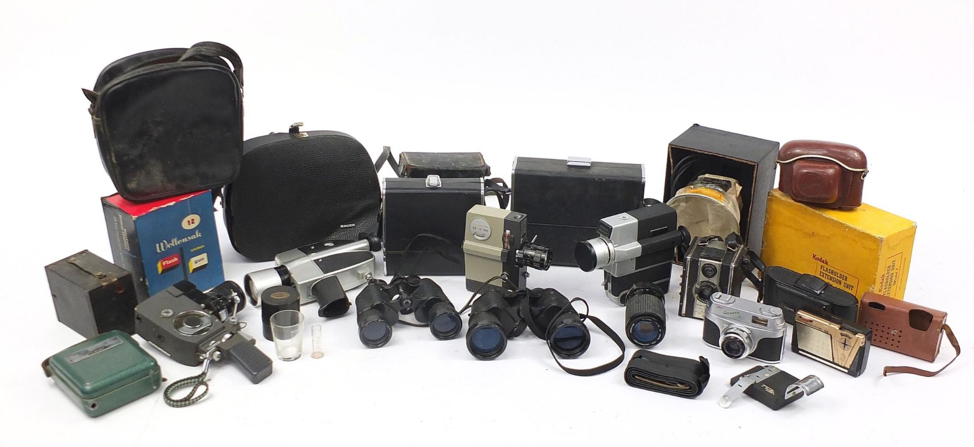 Vintage cameras and binoculars including Kodak Flasholder extension unit and Miranda 10 x 50