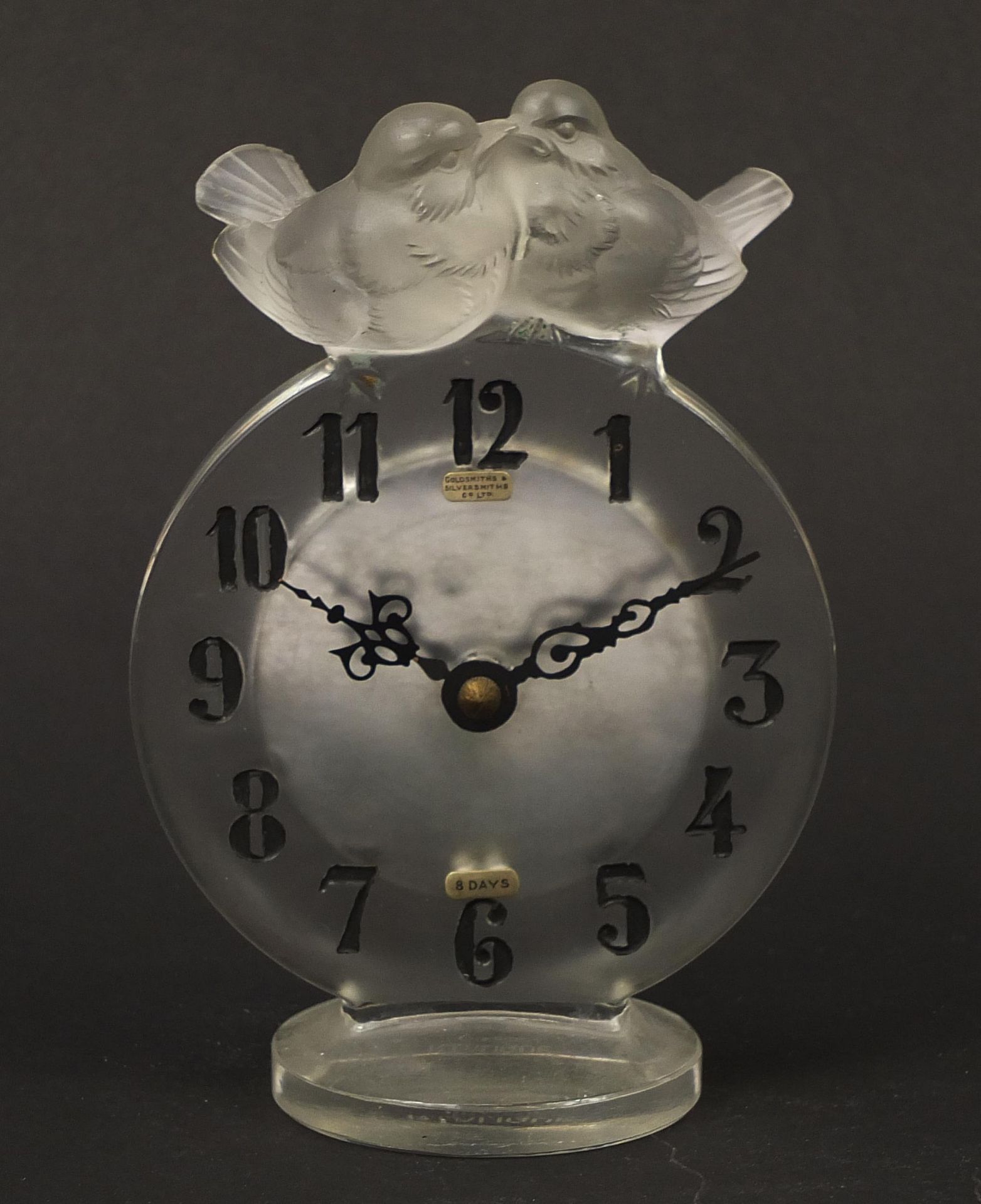 Rene Lalique, French frosted glass Antoinette desk clock, model 767, retailed by Goldsmiths &