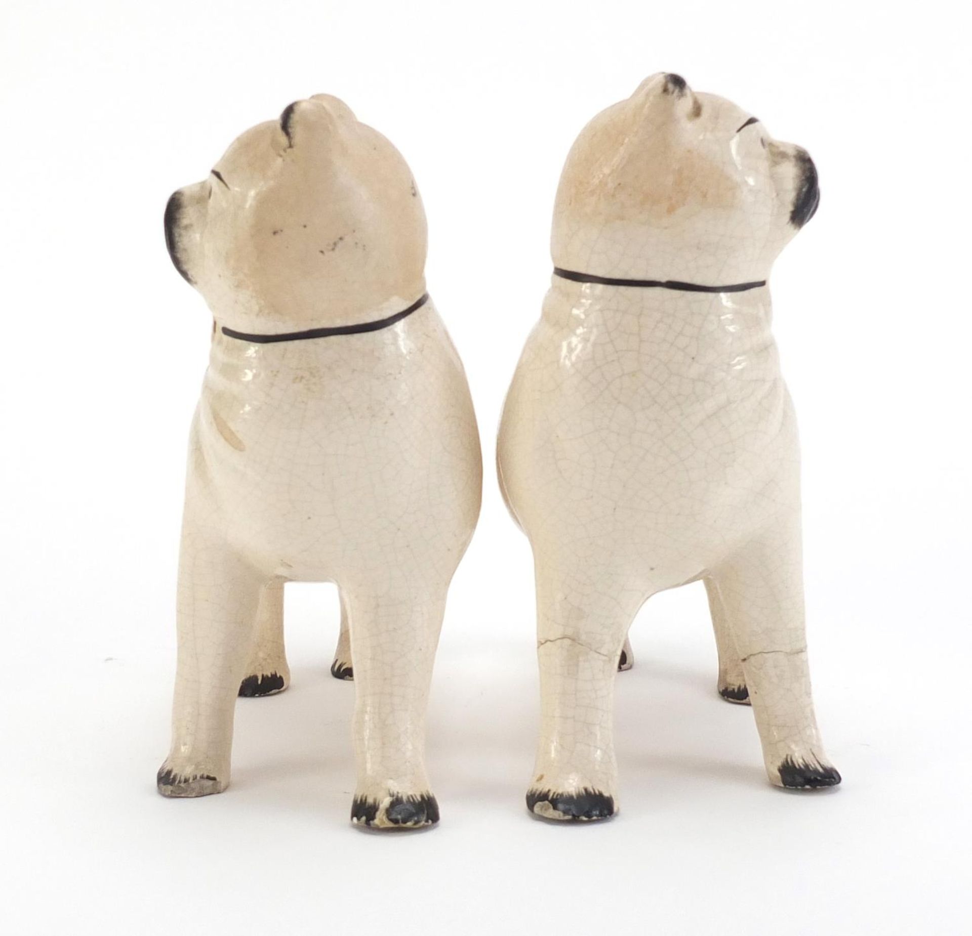Pair of Staffordshire pottery pug dogs, each 15cm in length - Image 2 of 6