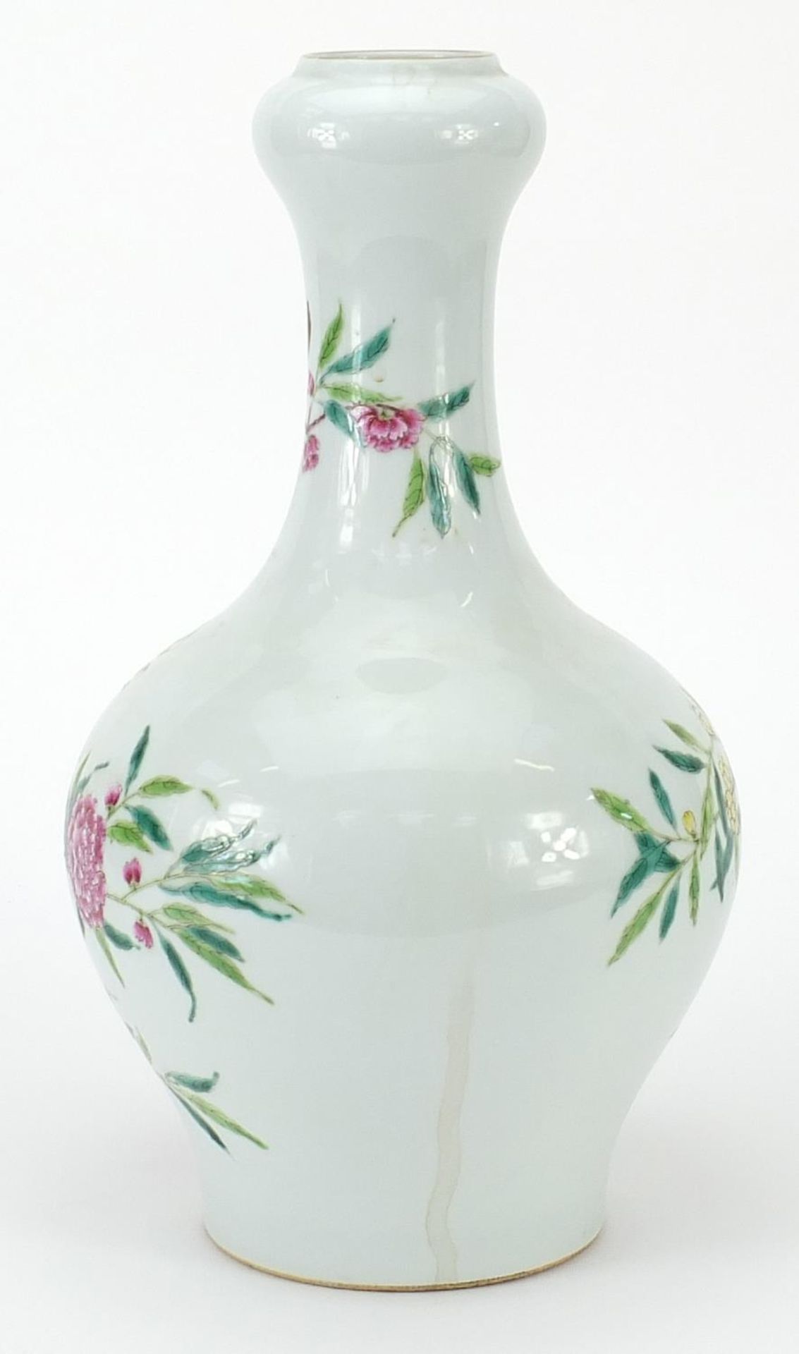 Chinese porcelain garlic head vase hand painted in the famille rose palette with birds amongst - Image 2 of 3