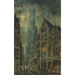 Street scene with figures before a cathedral, continental watercolour, mounted, framed and glazed,