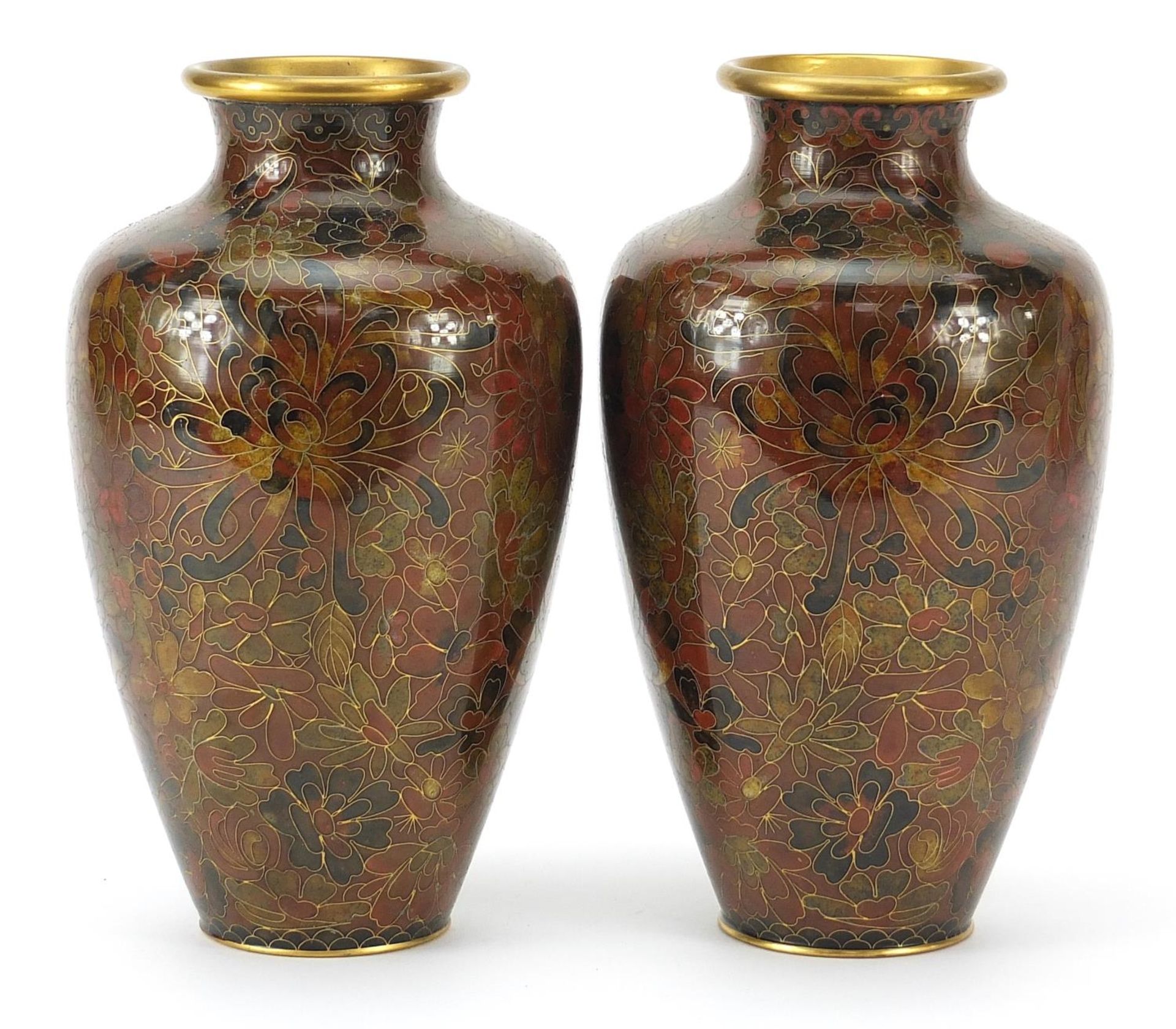 Pair of Chinese cloisonne vases enamelled with flowers, 21cm high