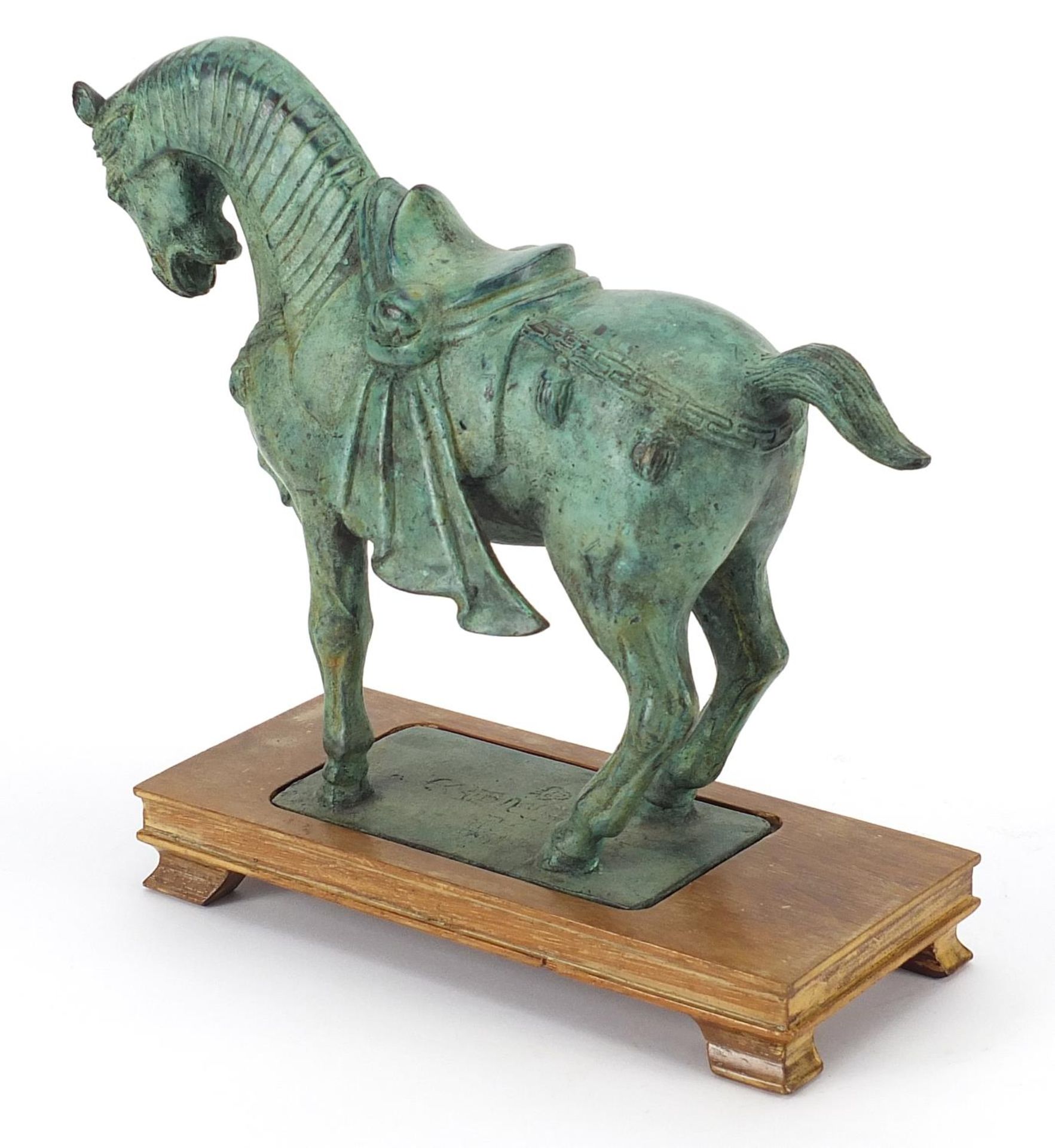 Chinese Verdigris bronzed model of a Tang horse on rectangular wood stand, 27cm in length - Image 2 of 3