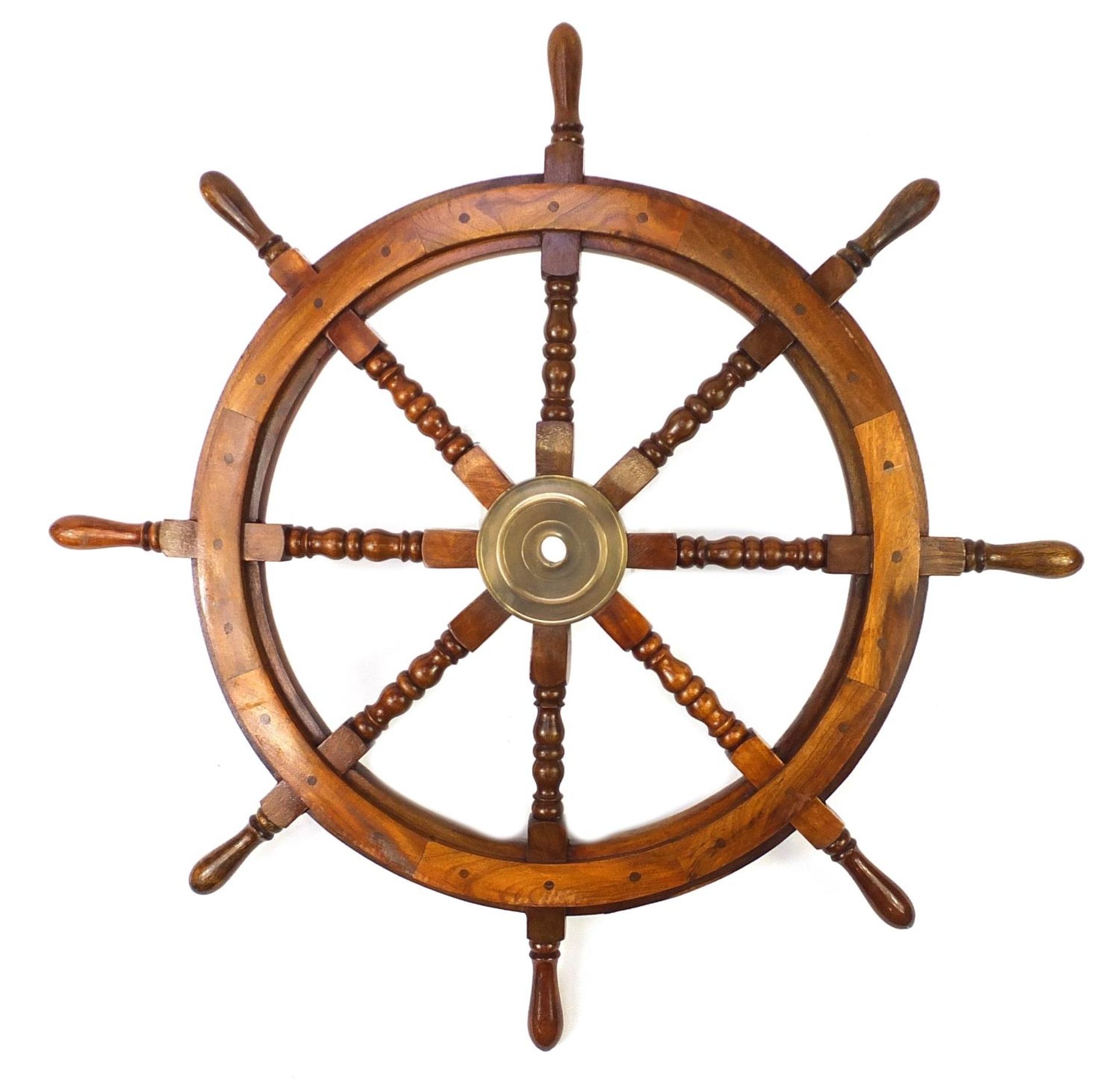 Large mahogany and brass ship's wheel, 92cm in diameter - Image 2 of 2