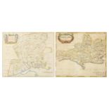 Two antique hand coloured maps by Robert Morden comprising Hampshire and Dorsetshire, mounted,