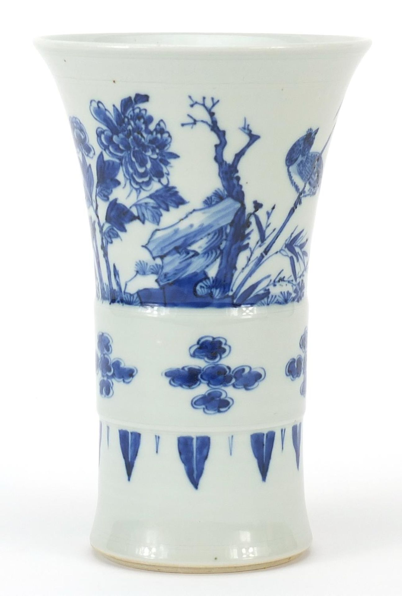 Chinese blue and white porcelain Gu beaker vase, hand painted with birds amongst foliage, 20.5cm