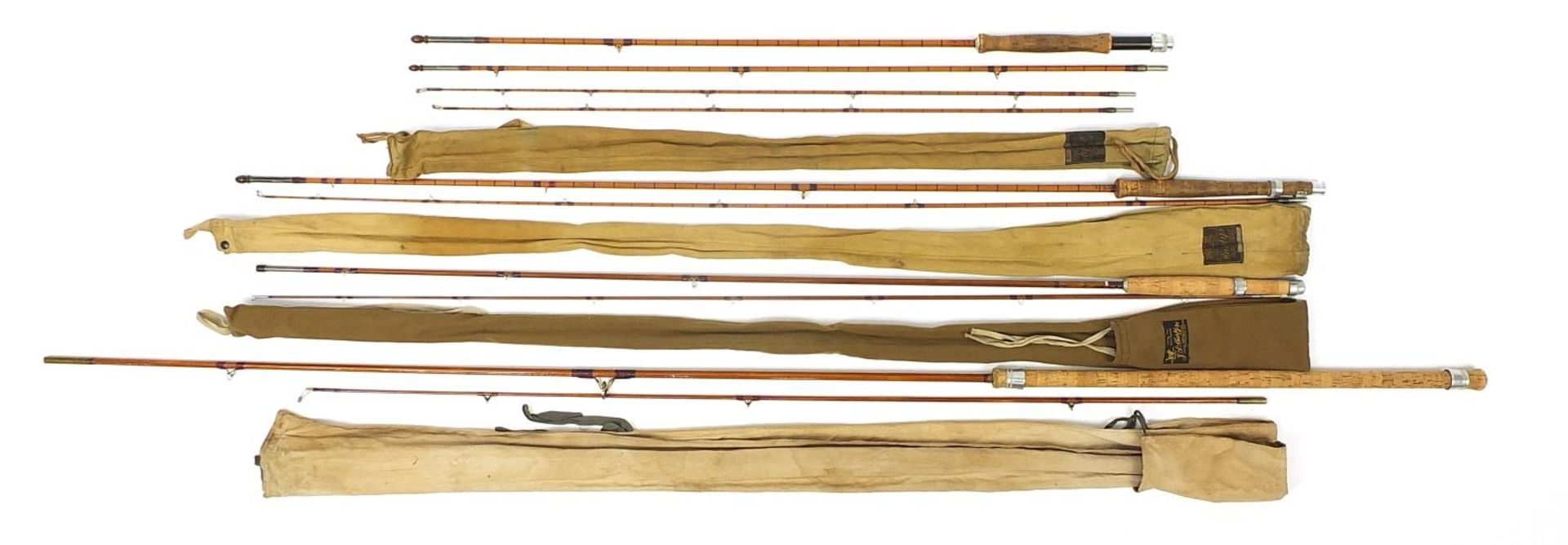 Four vintage Hardy split cane fishing rods and Chapman 500 comprising Hardy Palakona Triumph,
