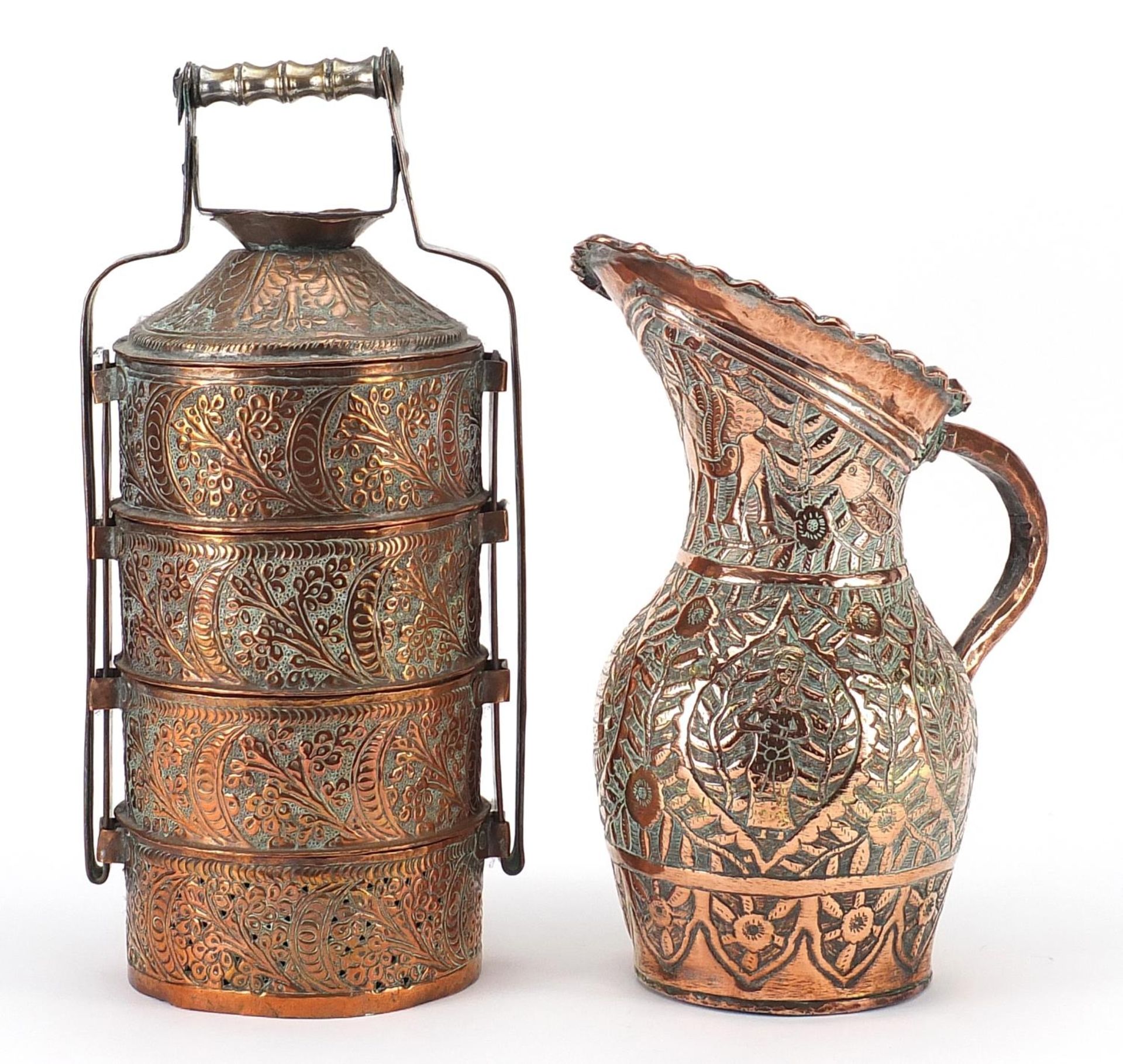 Indian copper sectional container and a large jug, embossed with figures and flowers, the largest