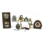 Sundry items including a wall mounted clock and barometer, oak cased striking mantle clock, brass