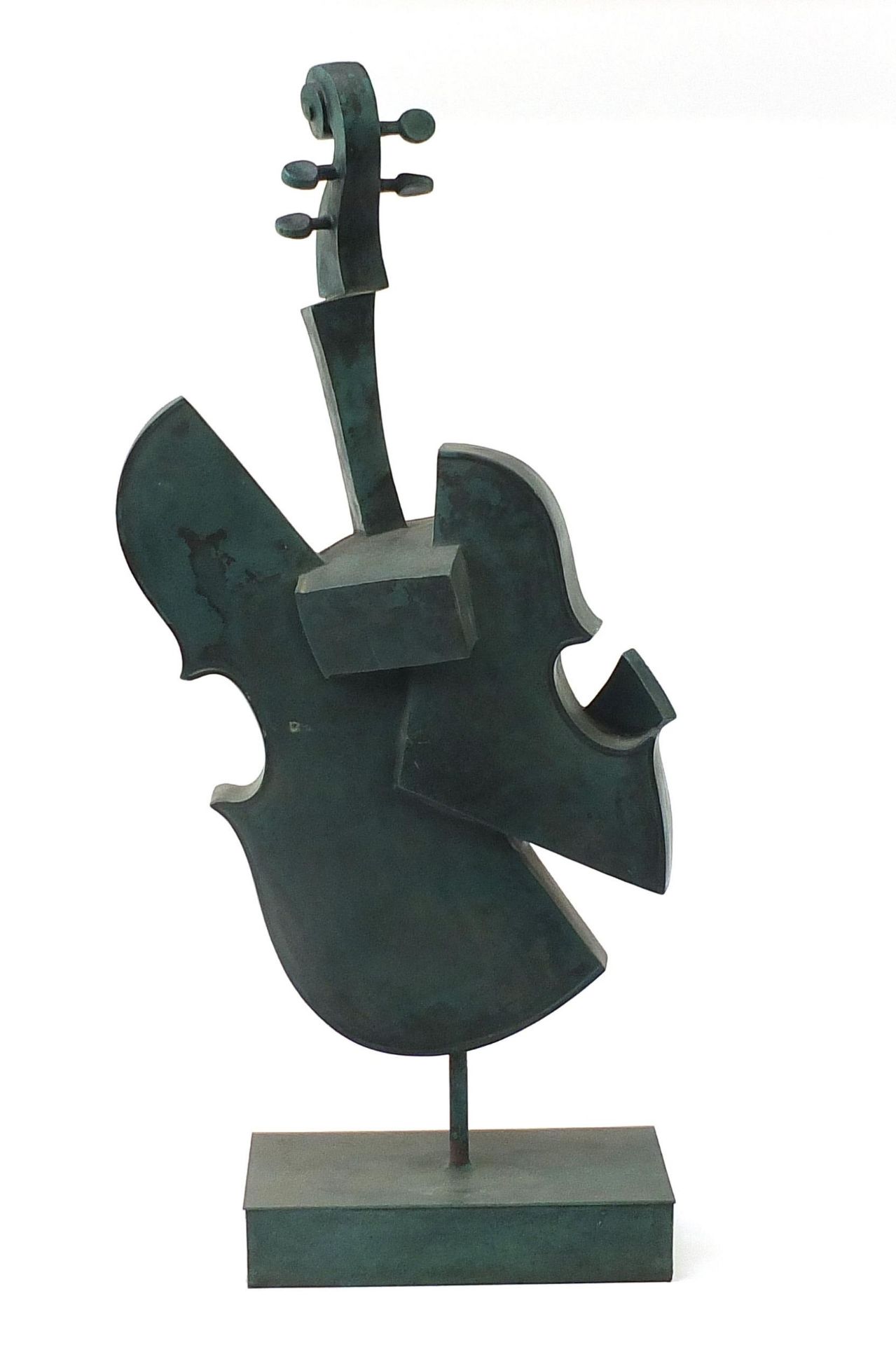 Large modernist patinated bronze floor standing sculpture of a double base, 99cm high - Image 2 of 3