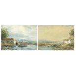 River landscape with buildings, two watercolours, each bearing a signature partially obscured by the