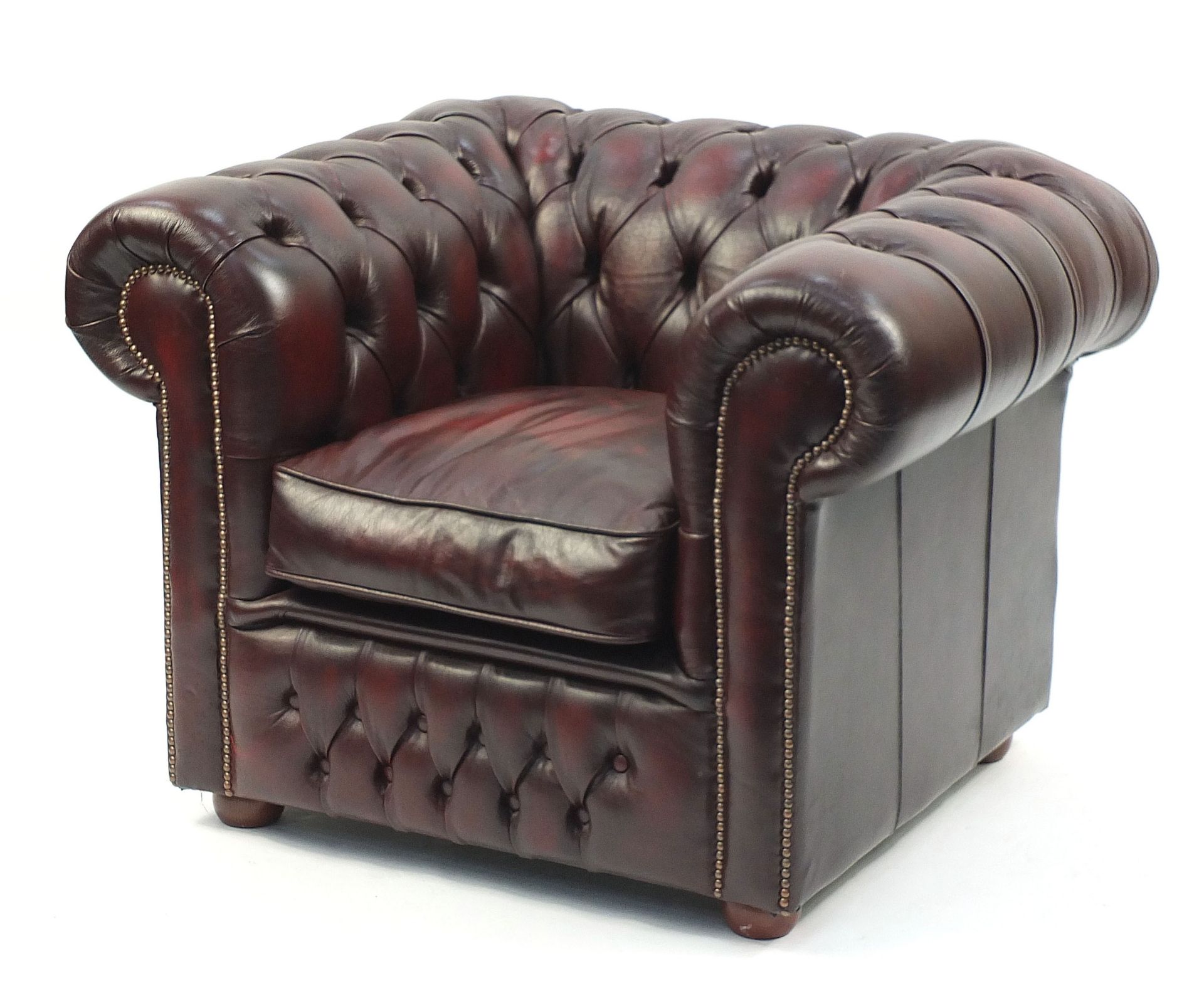 Ox blood leather Chesterfield club chair, 75cm H x 100cm W x 85cm D