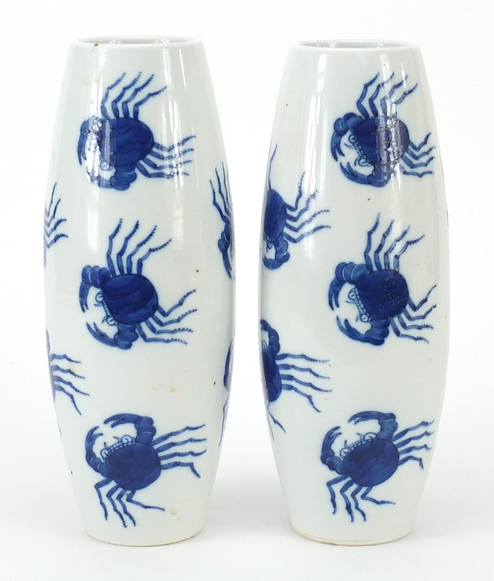 Pair of Chinese blue and white porcelain vases hand painted with crabs, blue ring marks to the