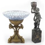 Ornate gilt metal centrepiece with blue overlaid cut glass bowl and a pewter figure of a child