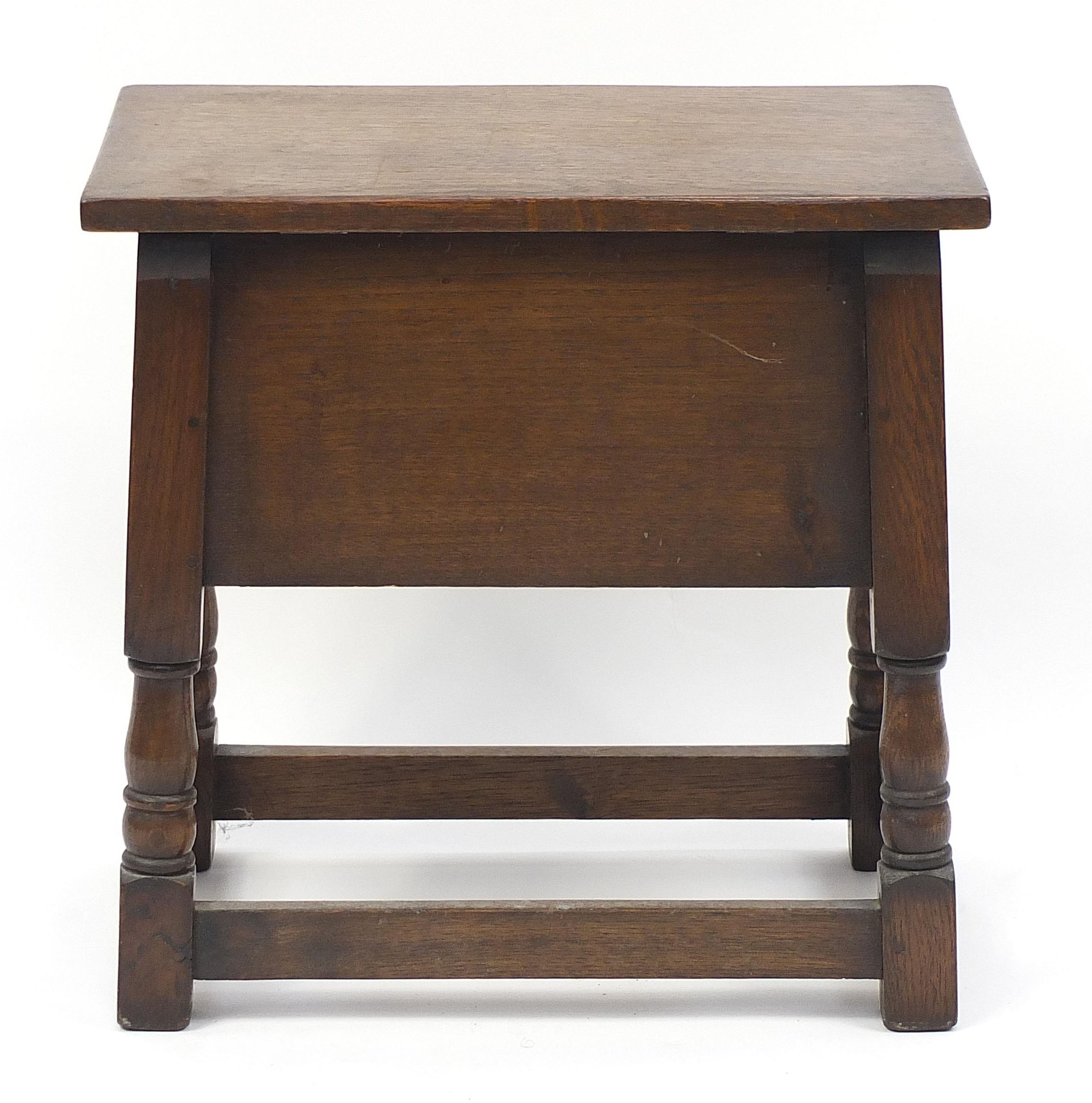 Carved oak work table with hinged lid, 50cm H x 51cm W x 31cm D - Image 4 of 4