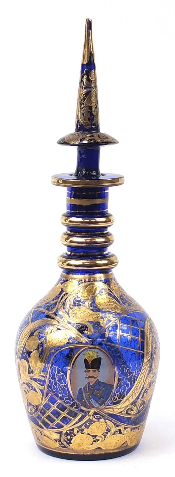 Large Bohemian cobalt blue glass decanter for the Islamic market with portrait of Naser al-Din