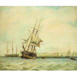 Boats on water, antique maritime oil on canvas, mounted and framed, 74cm x 61cm excluding the