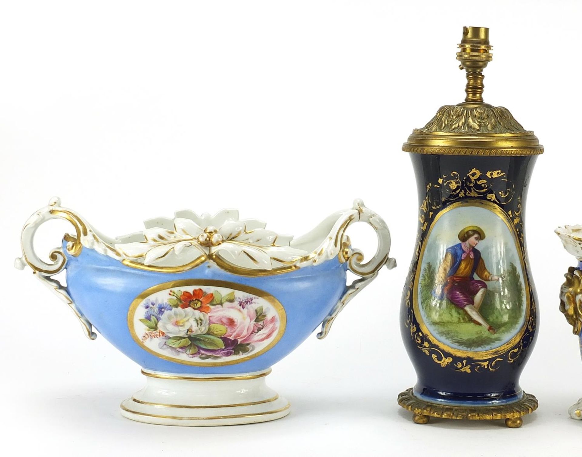 French porcelain to include table lamp hand painted with figures and flowers and three planters hand - Image 2 of 6
