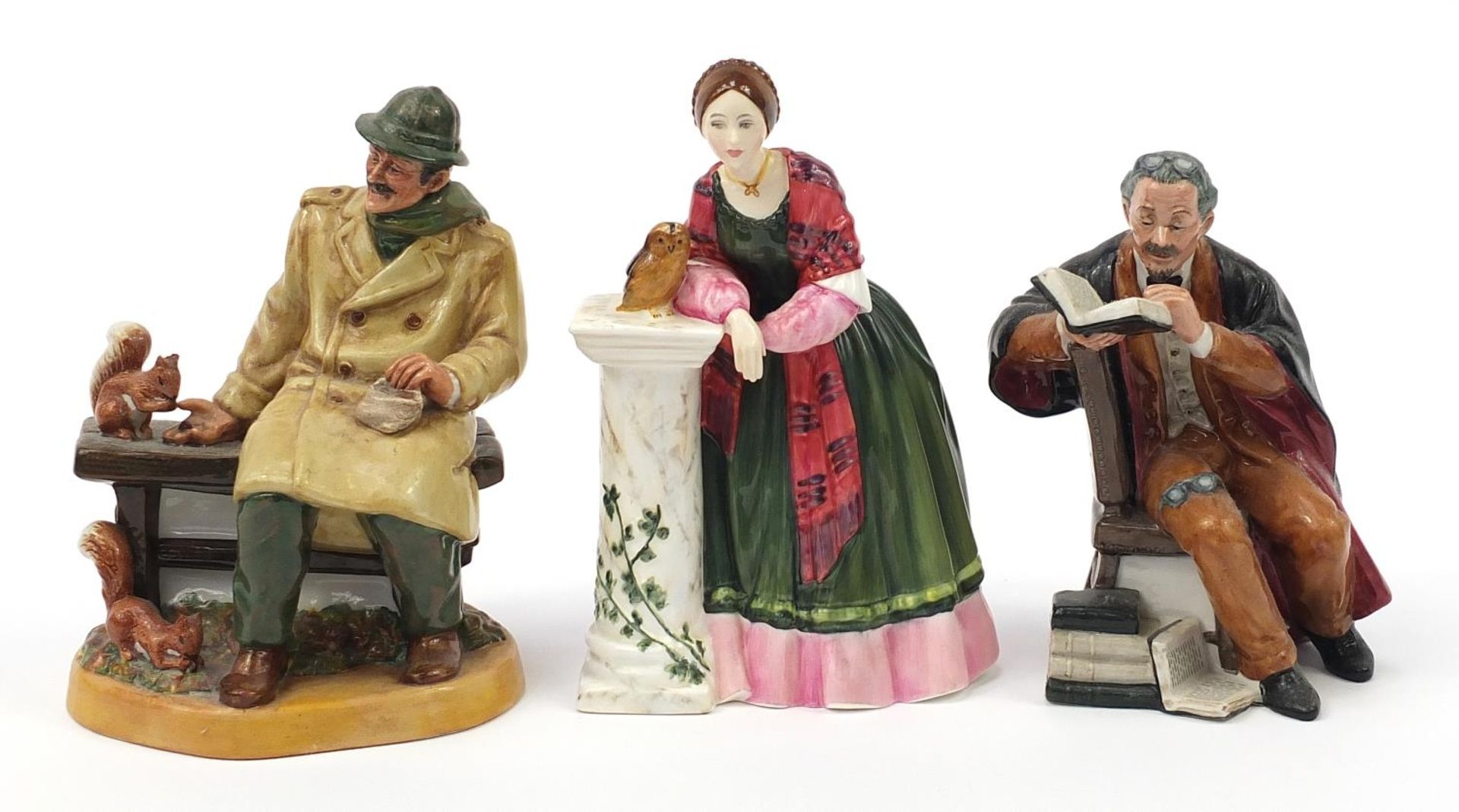 Three Royal Doulton figures comprising The Professor HN2281, Lunchtime HN2485 and Florence