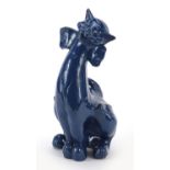 C H Brannam Barum pottery seated cat having a blue glaze, 30cm high