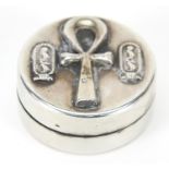 Circular silver snuff box decorated with Egyptian hieroglyphics, 3.3cm in diameter, 20.3g