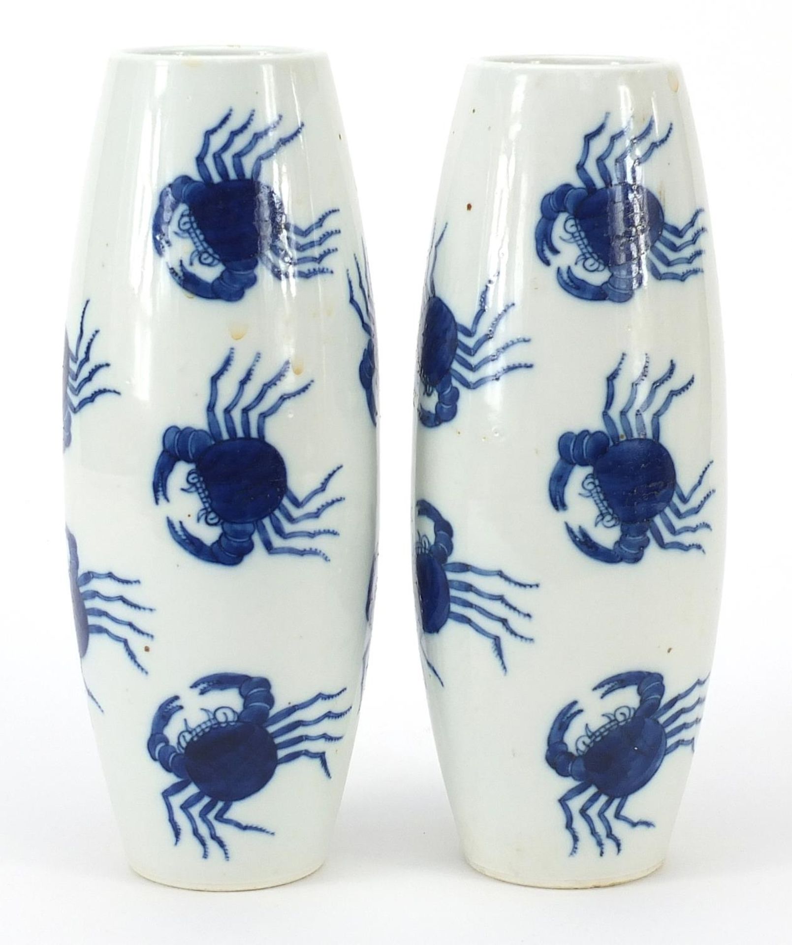 Pair of Chinese blue and white porcelain vases hand painted with crabs, blue ring marks to the - Image 2 of 3