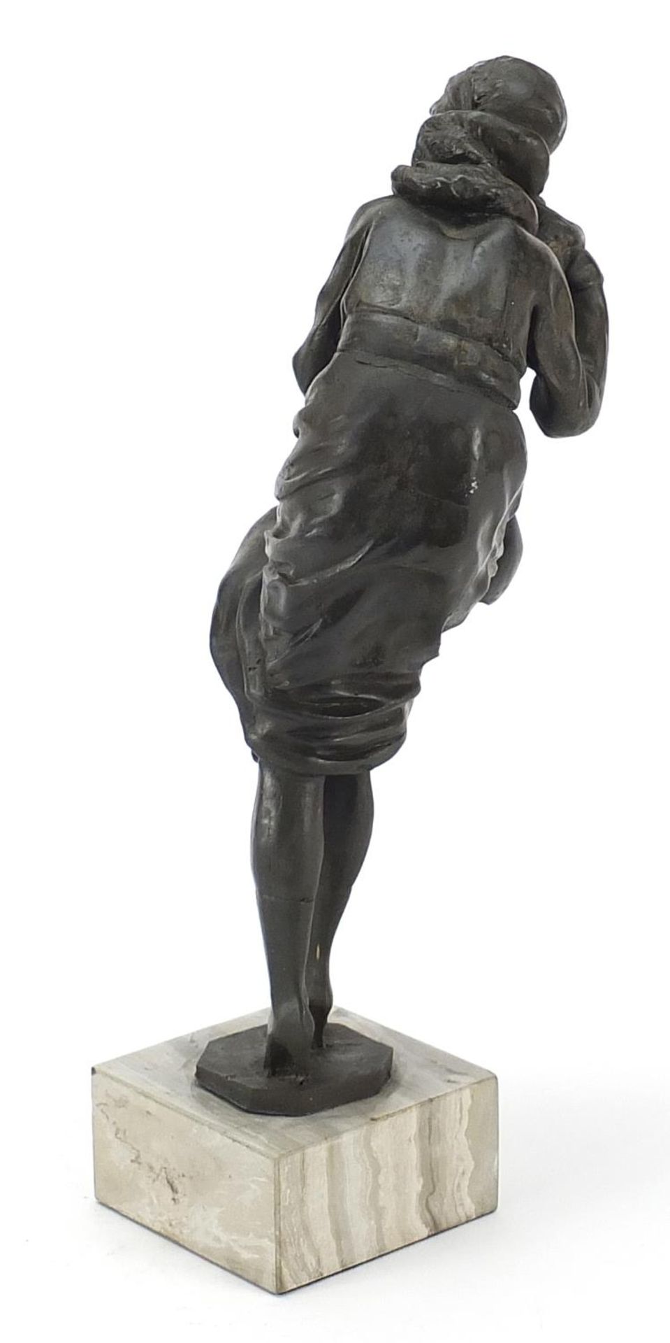 Art Deco design bronzed figurine raised on a simulated marble base, 31cm high - Image 2 of 3