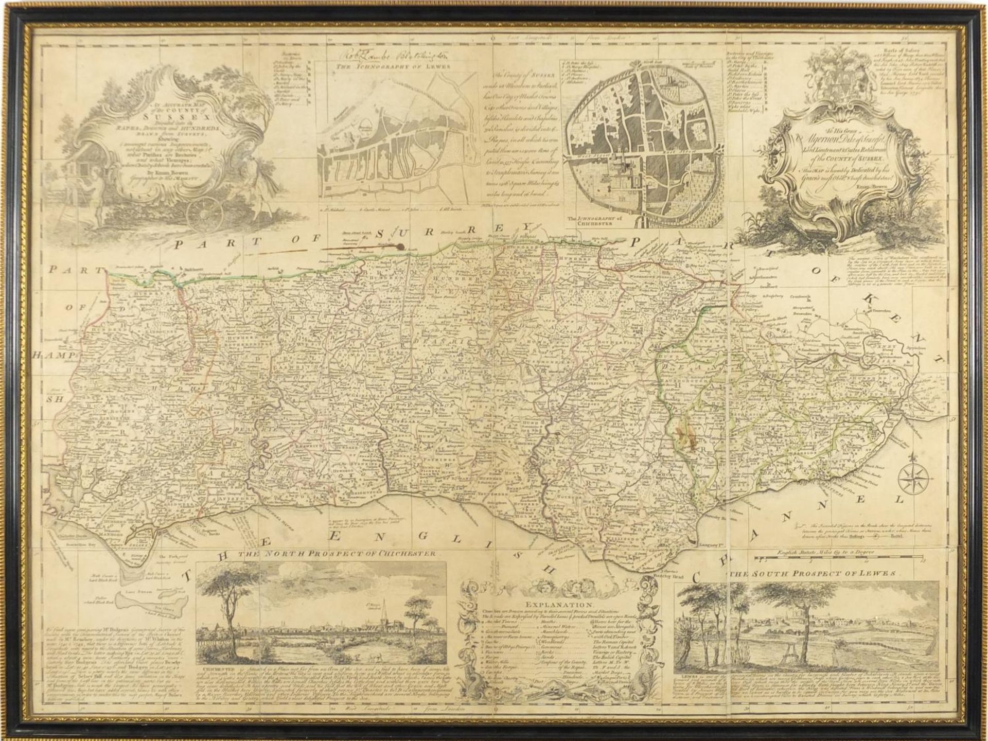 Antique map of the county of Sussex by Emmanuel Bowen, framed, 70cm x 51.5cm - Image 2 of 3