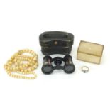 Object comprising opera glasses, abalone box, silver gilt ring and ivory necklace