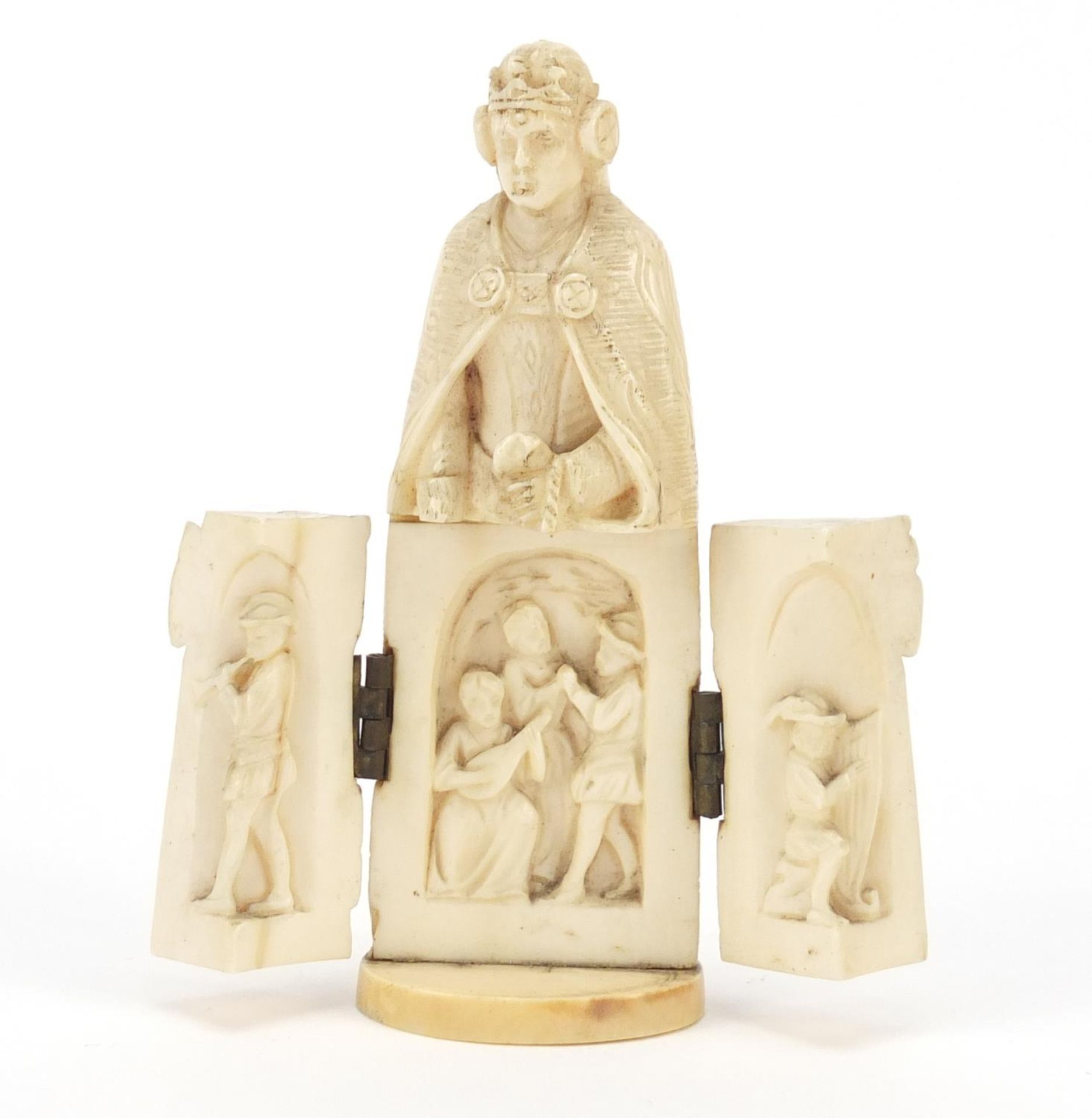 19th century French Dieppe carved ivory tryptych figure, 8.5cm high