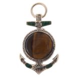 Naval interest silver cat's eye and malachite anchor brooch, 4cm high, 6.9g