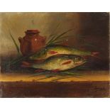 Still life vessel and fish, oil on canvas, indistinctly signed, possibly Bar...t?, unframed, 41cm