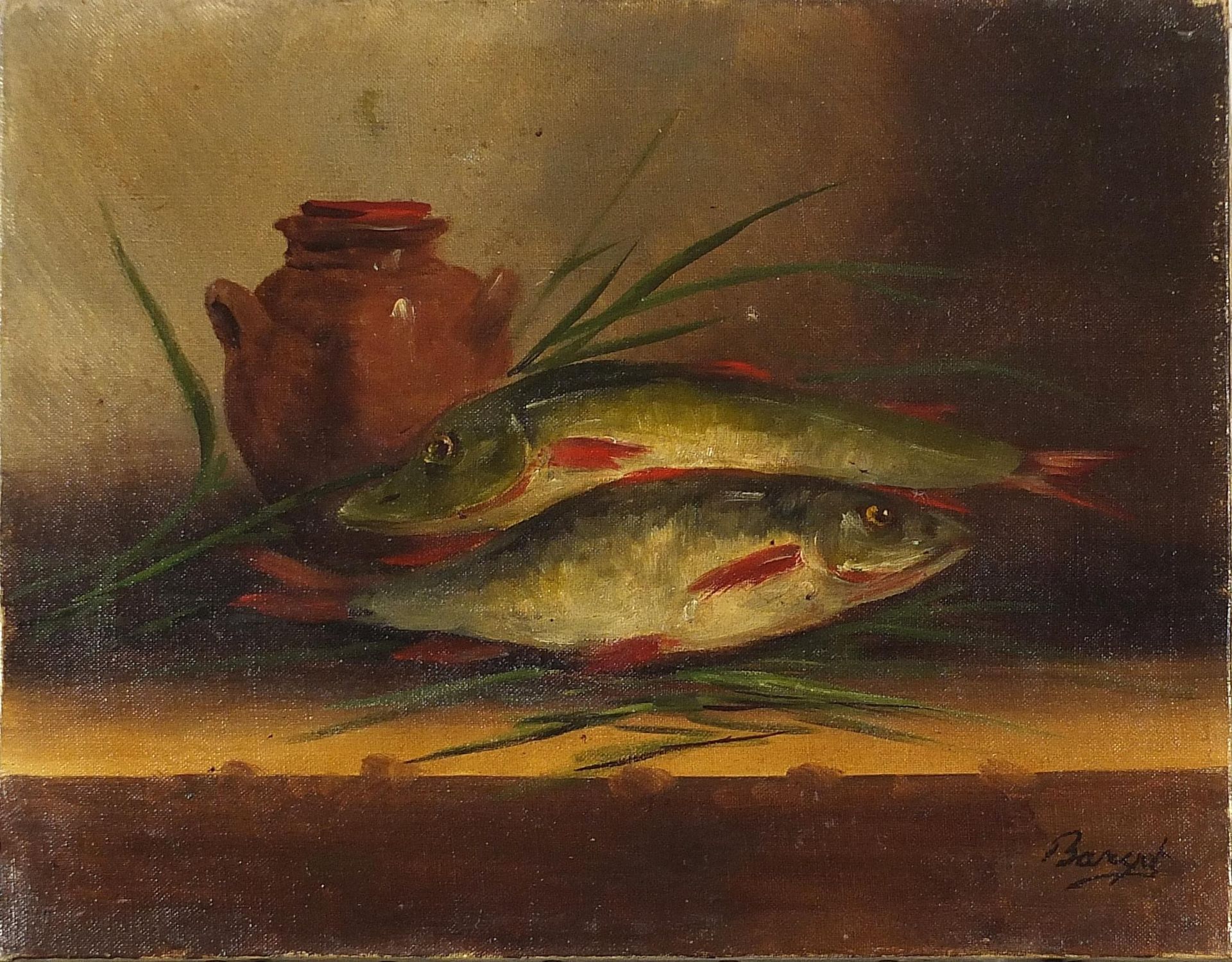 Still life vessel and fish, oil on canvas, indistinctly signed, possibly Bar...t?, unframed, 41cm