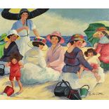 After Martha Walter - Females and children on a beach, American school oil on board, mounted and