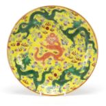Chinese porcelain shallow dish hand painted with dragons and bats, blue character marks to the base,