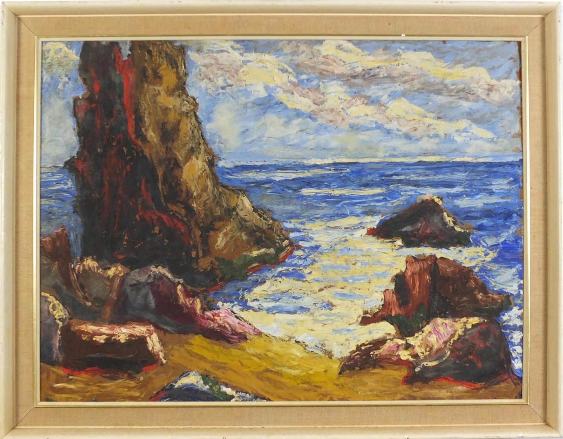Rocky coastal scene, Expressionist oil on board, mounted and framed, 59cm x 44cm excluding the mount - Image 2 of 3