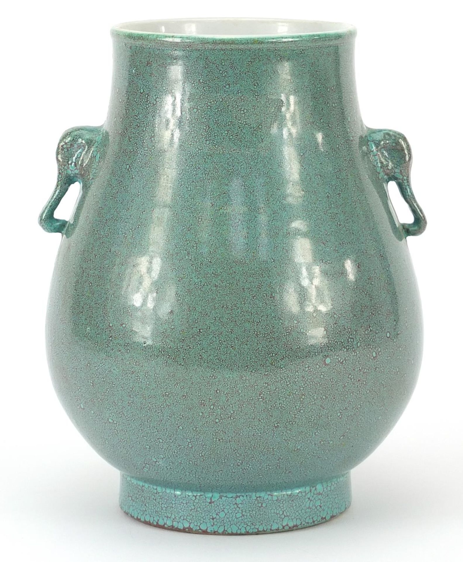 Chinese porcelain hu arrow vase with animalia handles having a spotted turquoise glaze, 19cm high - Image 2 of 3