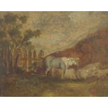 Manner of Thomas Gainsborough - Sheep beside a fence in a landscape, Old Master school oil sketch on