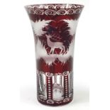 Bohemian ruby overlaid glass vase engraved with a stag in a landscape, 20.5cm high