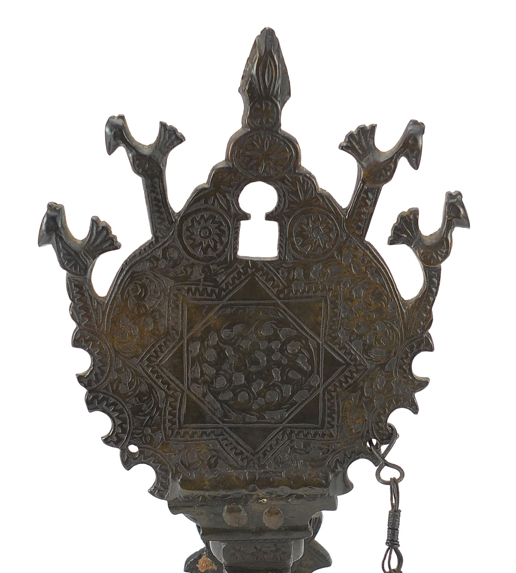 Antique Islamic bronze oil lamp engraved with flowers, 35cm high - Image 2 of 5