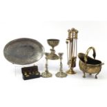 Victorian and later metalware including a helmet shaped coal scuttle, bronzed chalice and fire
