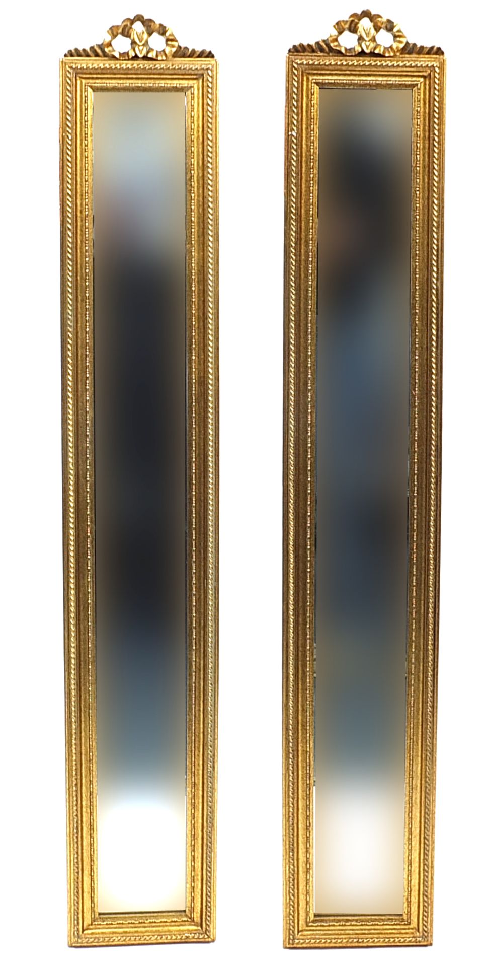 Pair of rectangular gilt framed mirrors with bevelled glass, each 121cm x 20cm